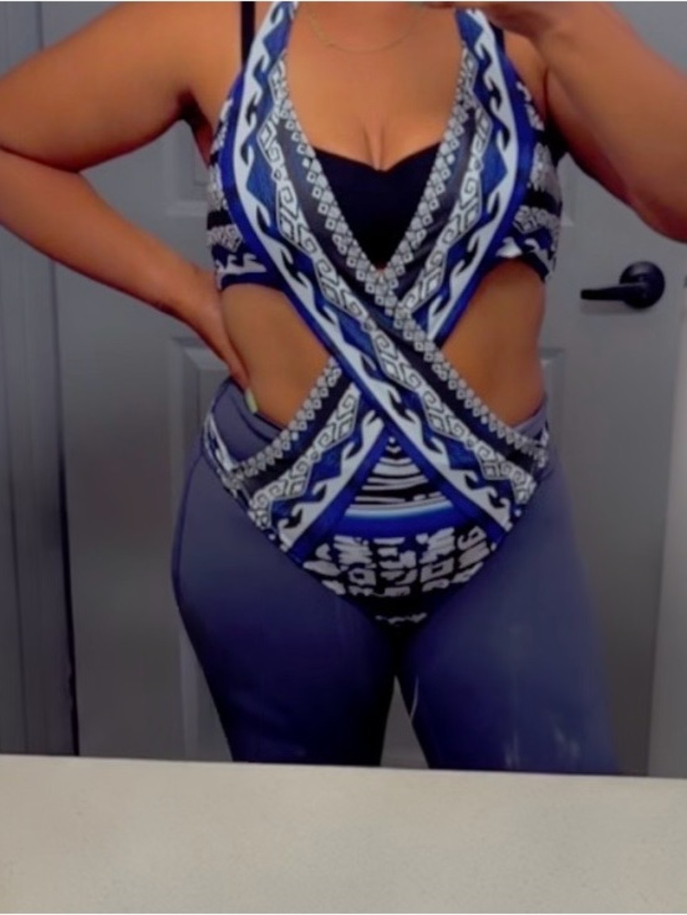 Fashion Nova Blue & Black Crisscross Cutout One-Piece Swimsuit